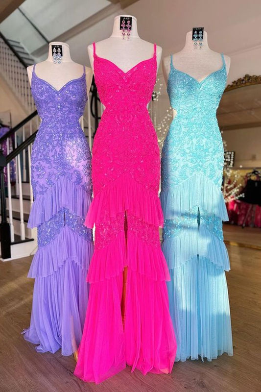 Dressime Mermaid Spagetti Straps Sequin Slit Tiered Prom Dress With Ruffle dressime