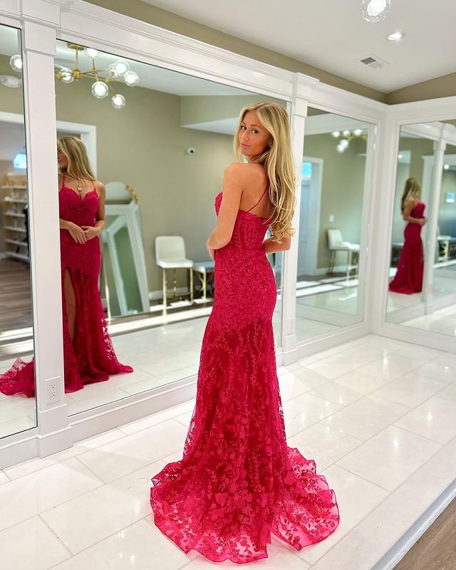 Dressime Mermaid Spagetti Straps Sweetheart Lace Slit Long Prom Dress With Appliques dressime
