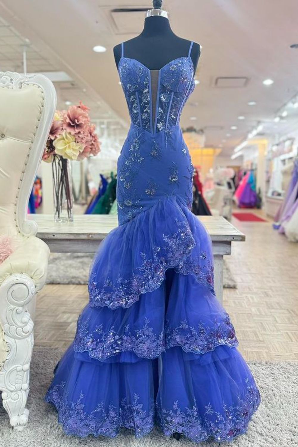 Dressime Mermaid Spagetti Straps Trumpet Long Prom Dress With Appliques dressime