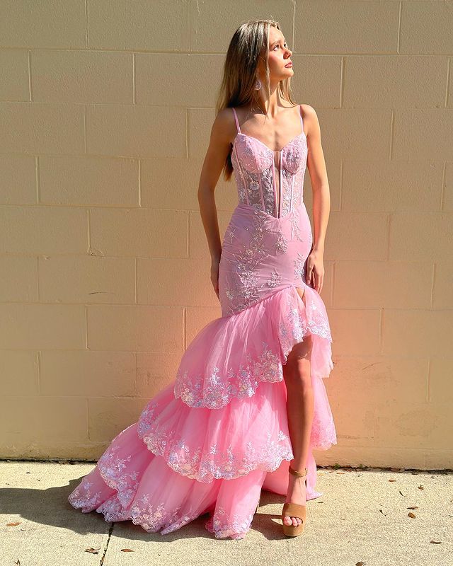Dressime Mermaid Spagetti Straps Trumpet Long Prom Dress With Appliques dressime