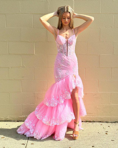 Dressime Mermaid Spagetti Straps Trumpet Long Prom Dress With Appliques dressime