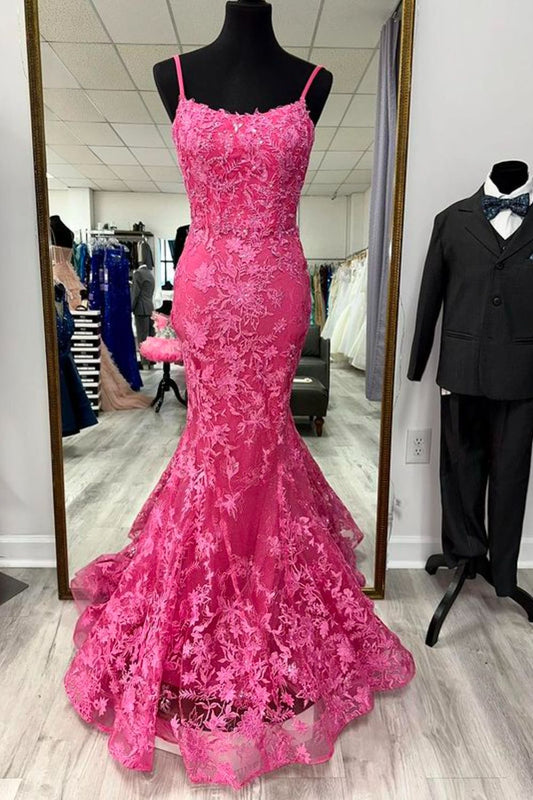 Dressime Mermaid Spagetti Straps Tulle Trumpet Long Prom Dress With Appliques dressime