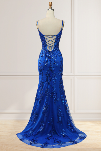 Dressime Mermaid Spaghetti Straps Embroidery Long Prom Dresses with Slit dressime