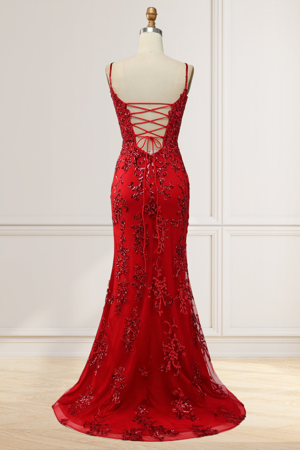 Dressime Mermaid Spaghetti Straps Embroidery Long Prom Dresses with Slit dressime