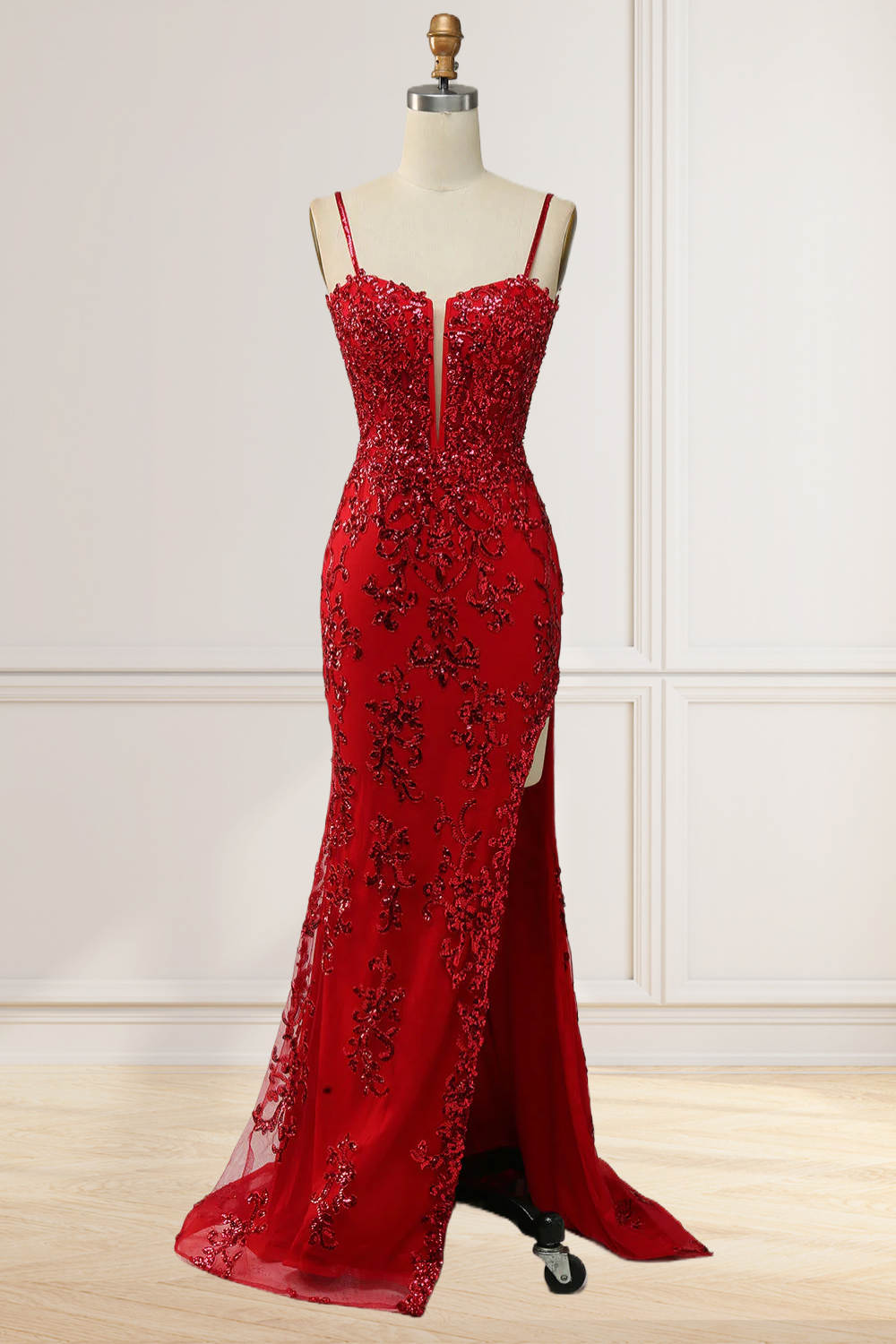 Dressime Mermaid Spaghetti Straps Embroidery Long Prom Dresses with Slit dressime