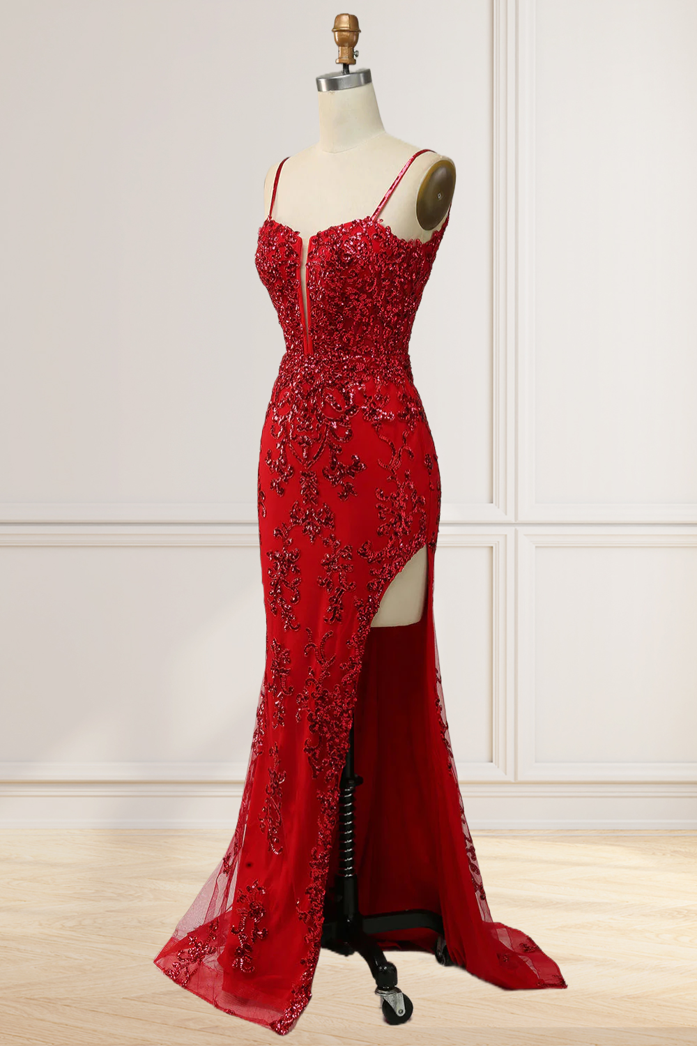 Dressime Mermaid Spaghetti Straps Embroidery Long Prom Dresses with Slit dressime