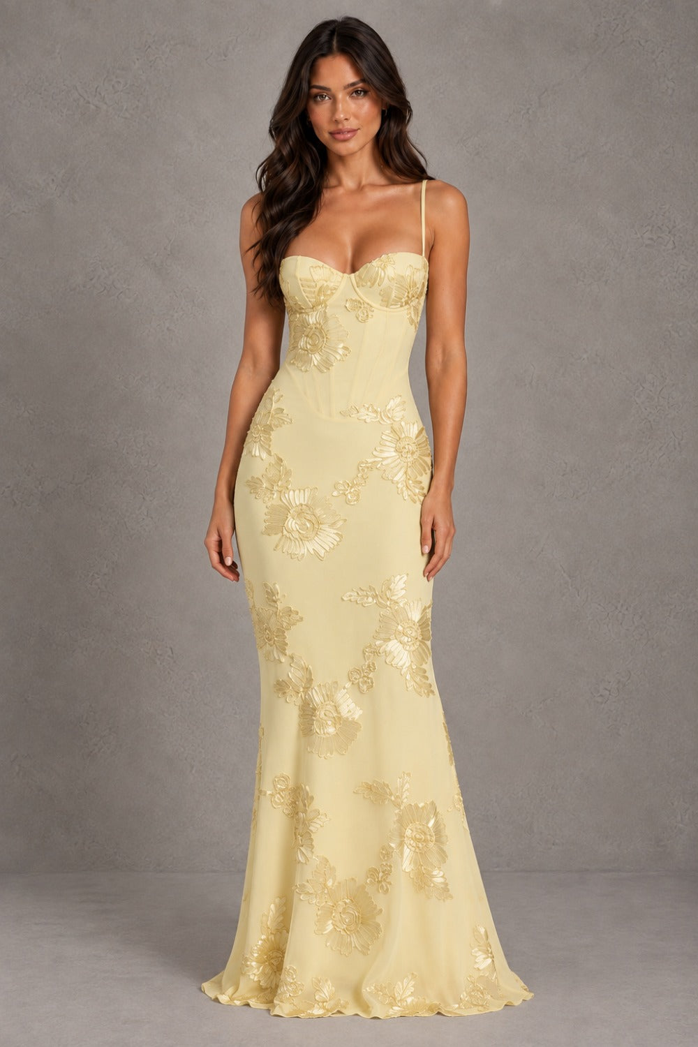 Dressime Mermaid Spaghetti Straps Floral Embroidery Lace Up Maxi Wedding Guest Dresses