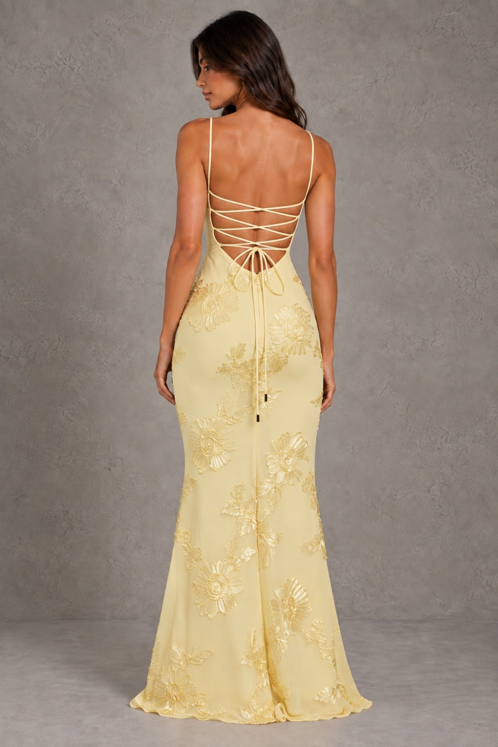 Dressime Mermaid Spaghetti Straps Floral Embroidery Lace Up Maxi Wedding Guest Dresses