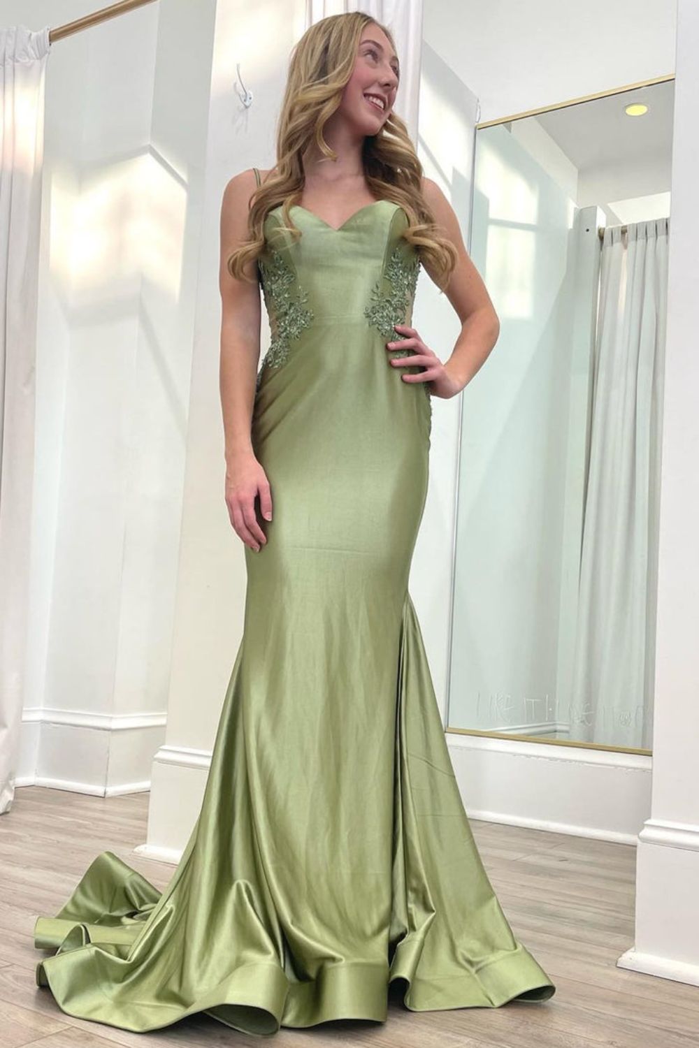 Dressime Mermaid Spaghetti Straps Satin Trumpet Long Prom Dress With Applique dressime