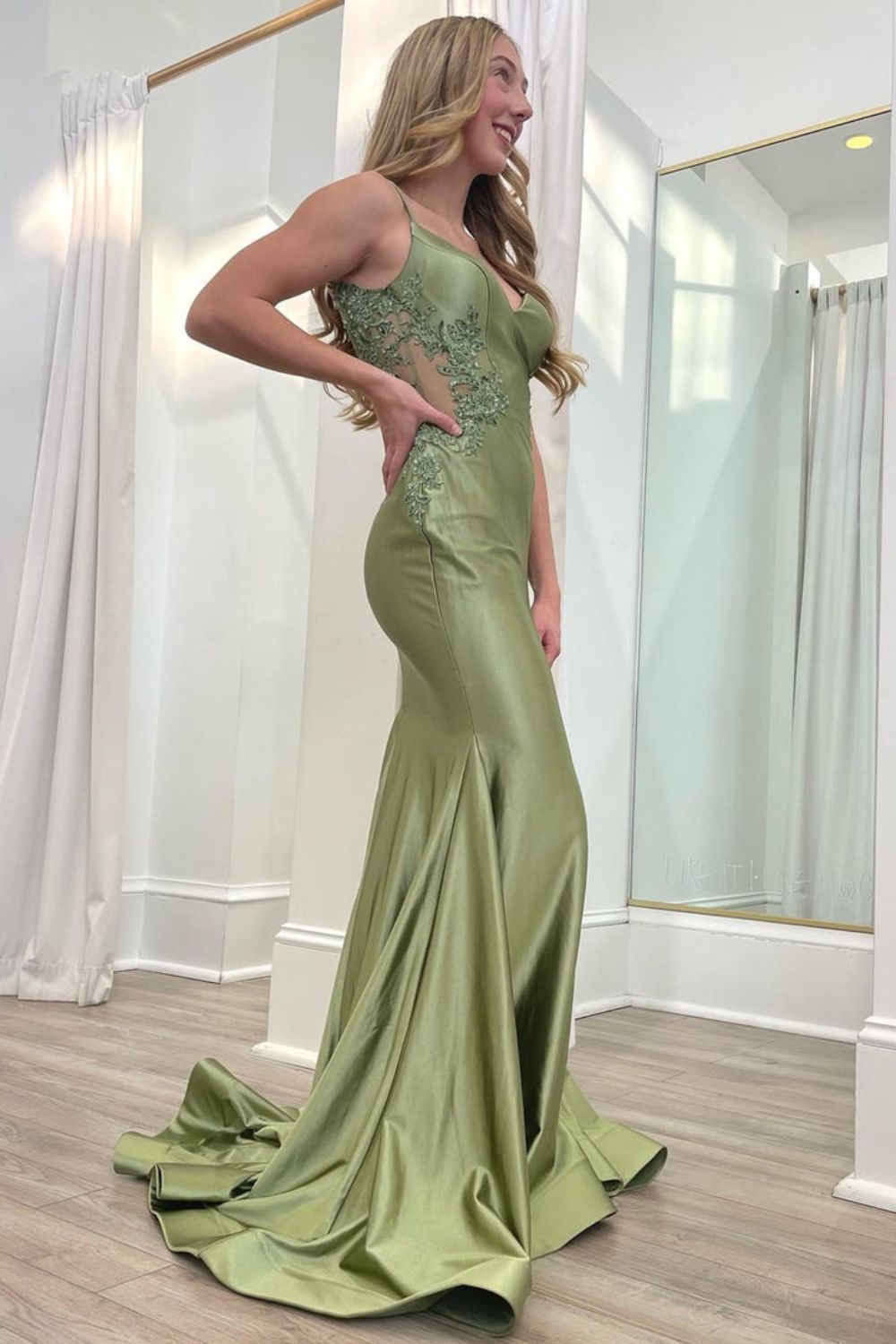 Dressime Mermaid Spaghetti Straps Satin Trumpet Long Prom Dress With Applique dressime