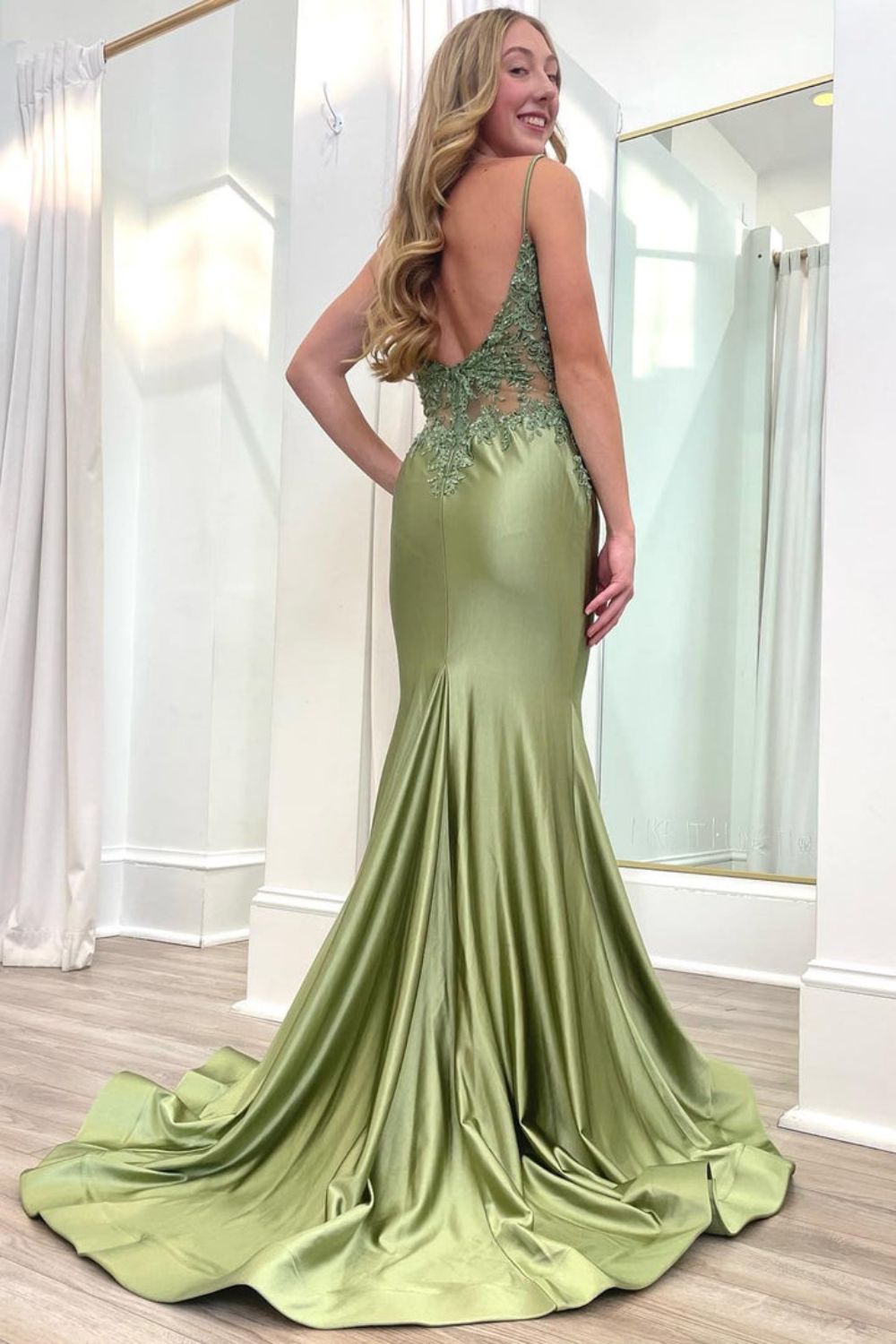 Dressime Mermaid Spaghetti Straps Satin Trumpet Long Prom Dress With Applique dressime