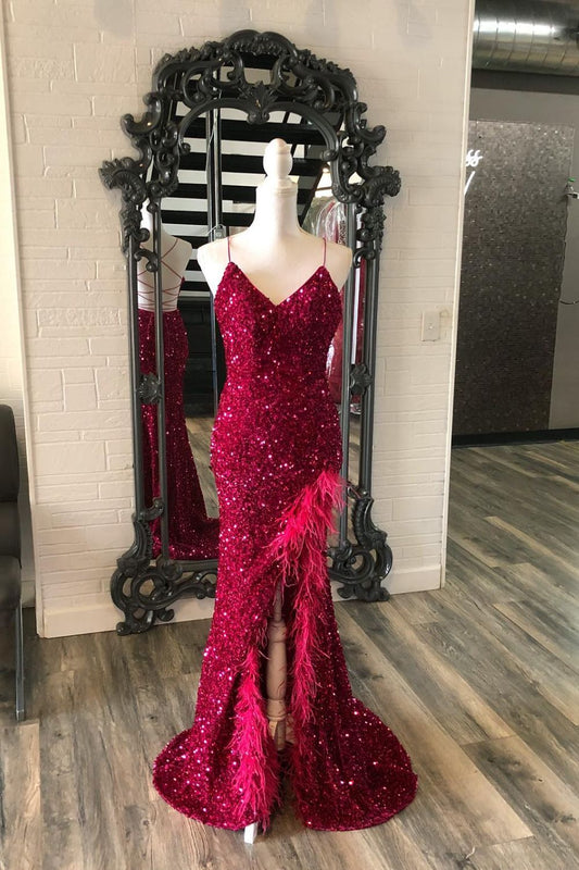 Dressime Mermaid Spaghetti Straps Sequin Slit Long Prom Dress with Feather dressime