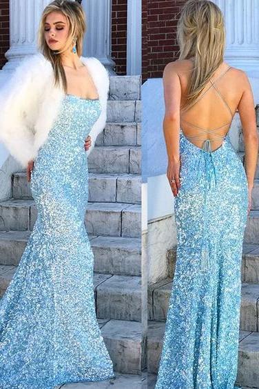 Dressime Mermaid Spaghetti Straps Sequins Lace Up Prom Dress dressime
