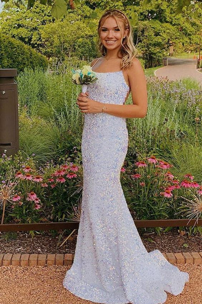 Dressime Mermaid Spaghetti Straps Sequins Lace Up Prom Dress dressime