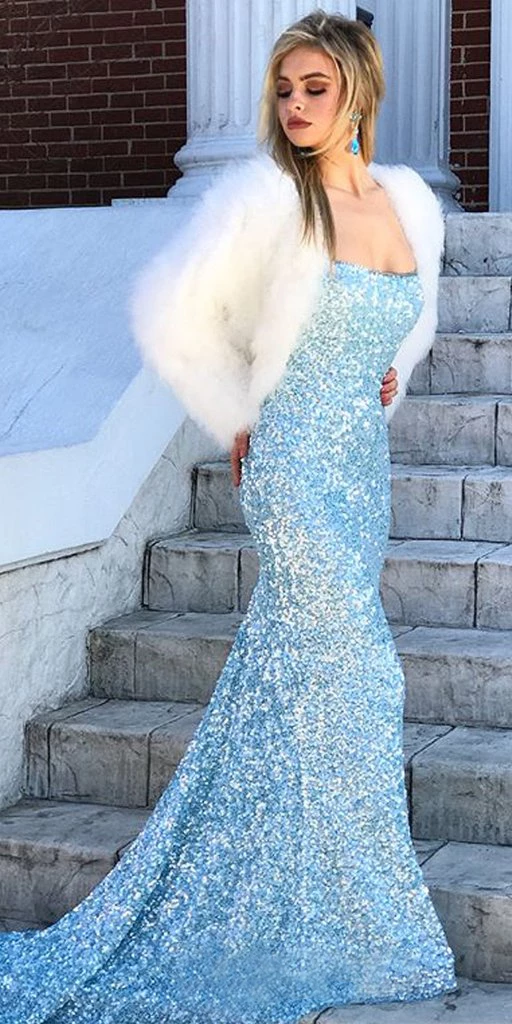 Dressime Mermaid Spaghetti Straps Sequins Lace Up Prom Dress dressime