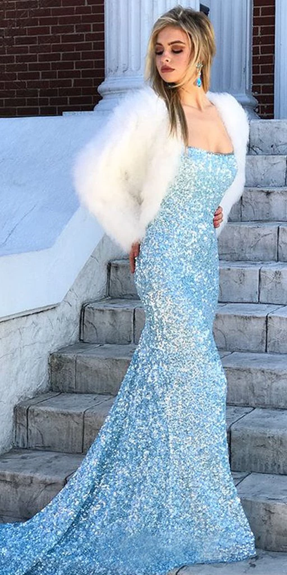 Dressime Mermaid Spaghetti Straps Sequins Lace Up Prom Dress dressime