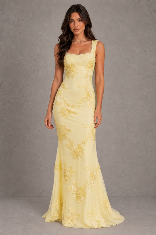 Dressime Mermaid Square Neck Floral Embroidery Long Prom Dresses With Pearls