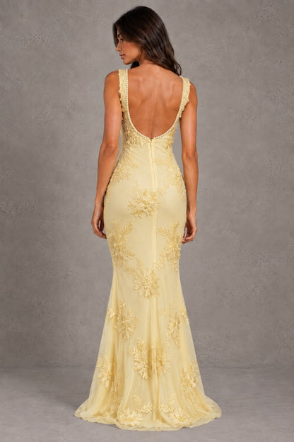 Dressime Mermaid Square Neck Floral Embroidery Long Prom Dresses With Pearls