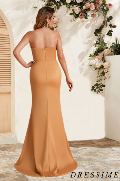 Dressime Mermaid Strapless Satin Floor Length Bridesmaid Dress With Slit dressime