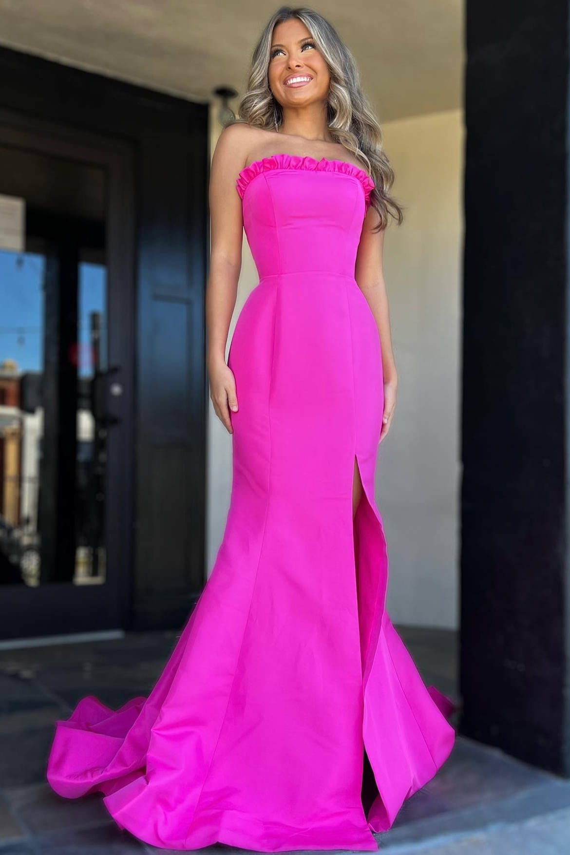 belly's prom dress Dressime Mermaid Strapless Satin Ruffle Slit Long Prom Dress – dressime