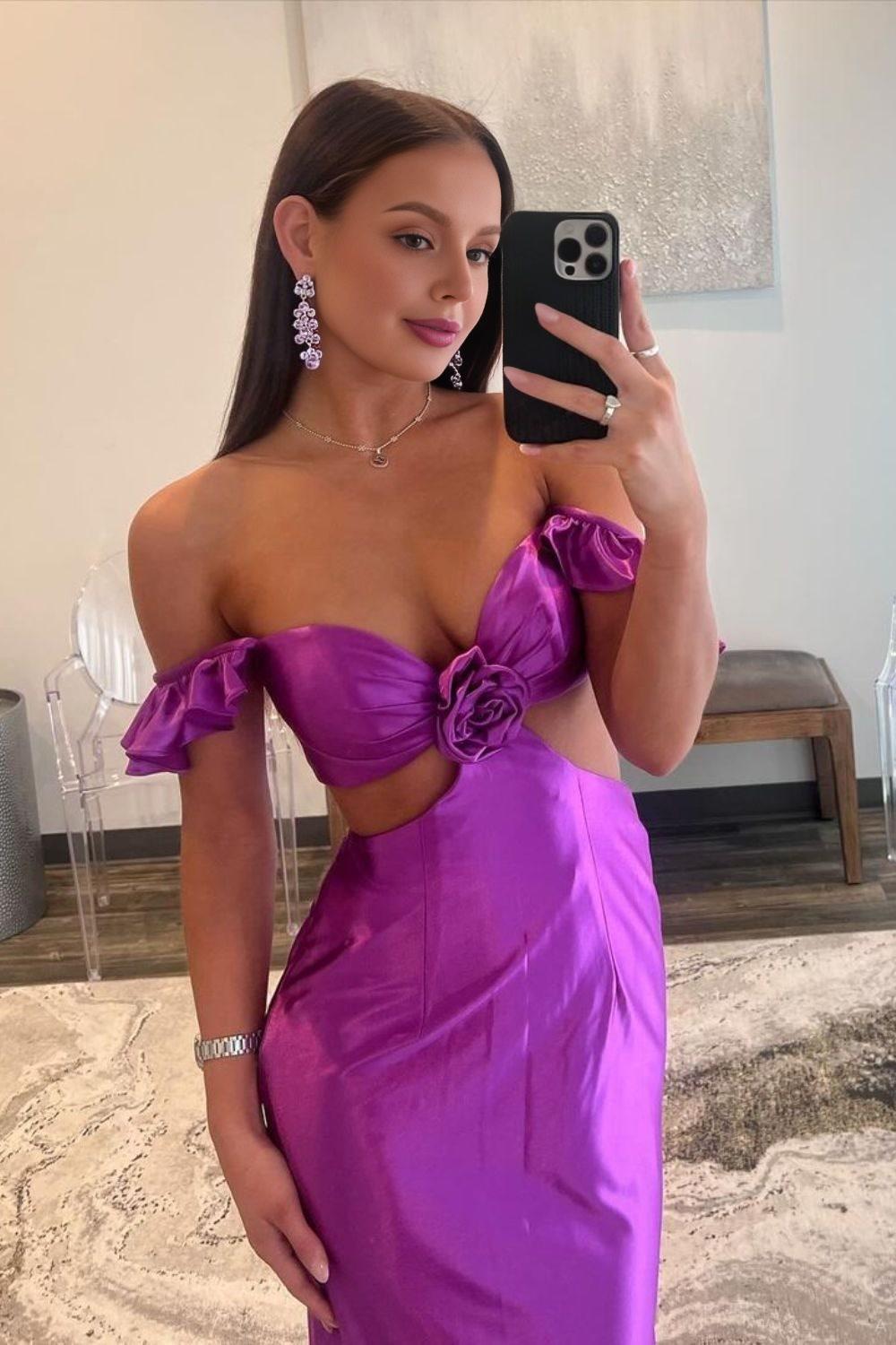 Dressime Mermaid Straps Ruffle Satin Rosette Side Cutouts Prom Dress dressime