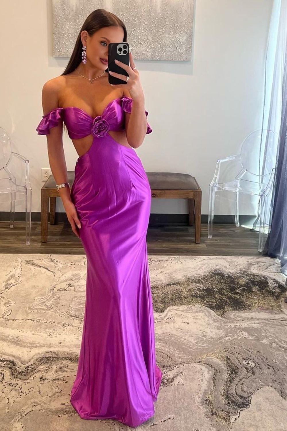 Dressime Mermaid Straps Ruffle Satin Rosette Side Cutouts Prom Dress dressime