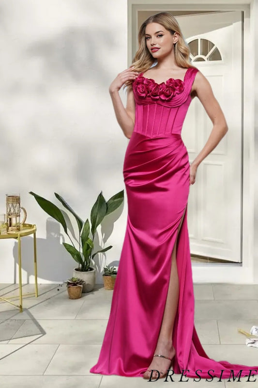 Dressime Mermaid Straps Satin Slit Long Prom Dress With 3D Flowers dressime