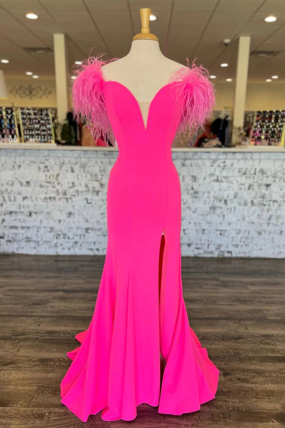 Dressime Mermaid V Neck Slit Long Prom Dress With Feathers dressime