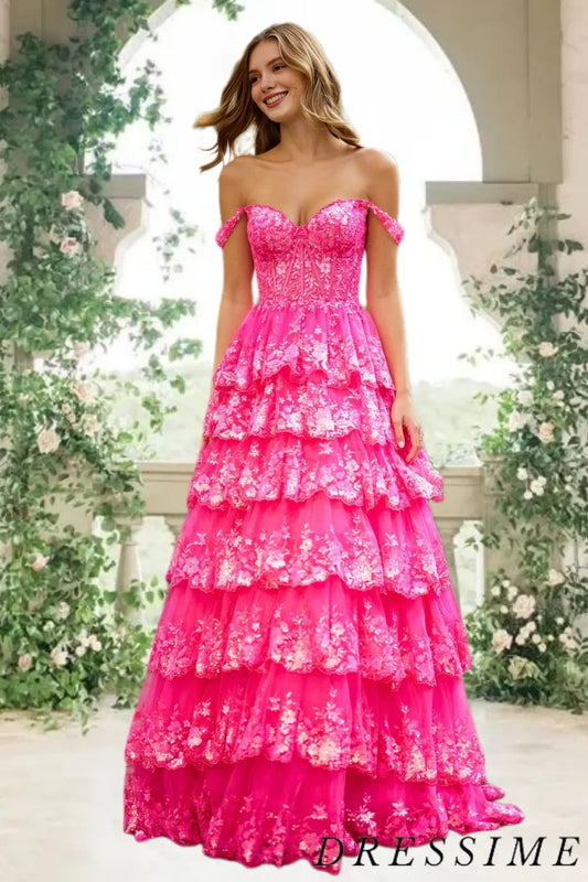 Dressime Off-the-Shoulder Ruffle Multi-Tiered Long Prom Dress dressime
