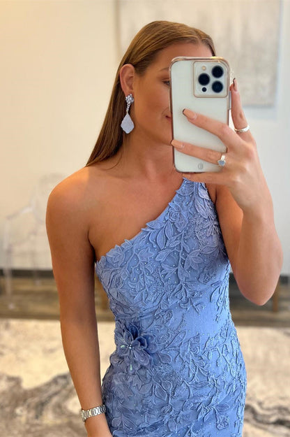 dressimeOne Shoulder Mermaid Prom Dresses With Applique Sweep Train 