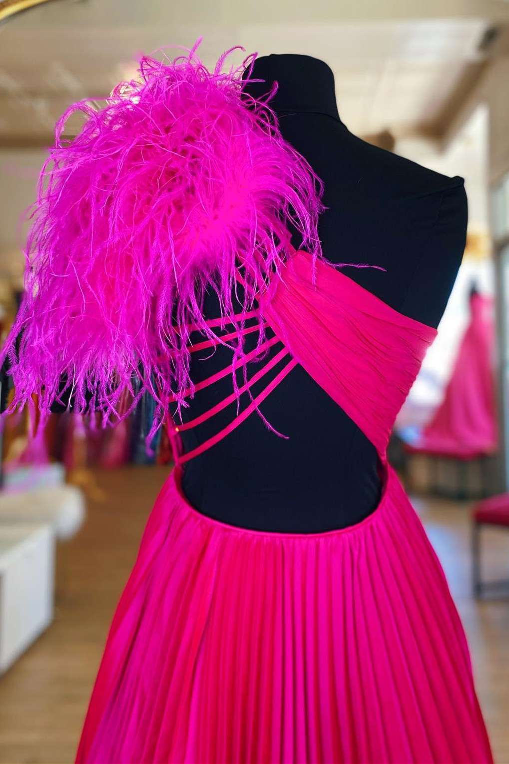 neon feather dress Dressime One-Shoulder Neon Keyhole Feathers A-Line Prom Dress dressime