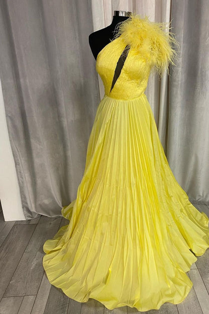 Dressime One-Shoulder Neon Keyhole Feathers A-Line Prom Dress dressime