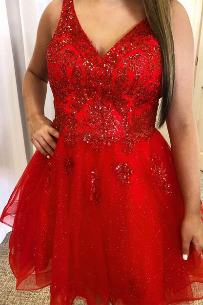 Dressime Plus Size A Line V Neck Tulle Homecoming Dresses With Beading dressime