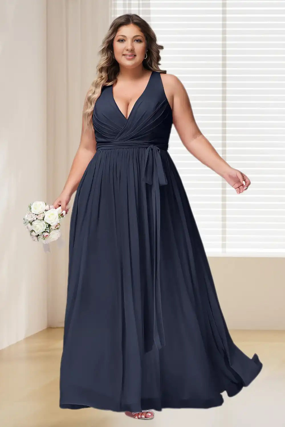 Dressime Plus Size Deep V Neck Chiffon Long Bridesmaid Dress With Sash Bow dressime
