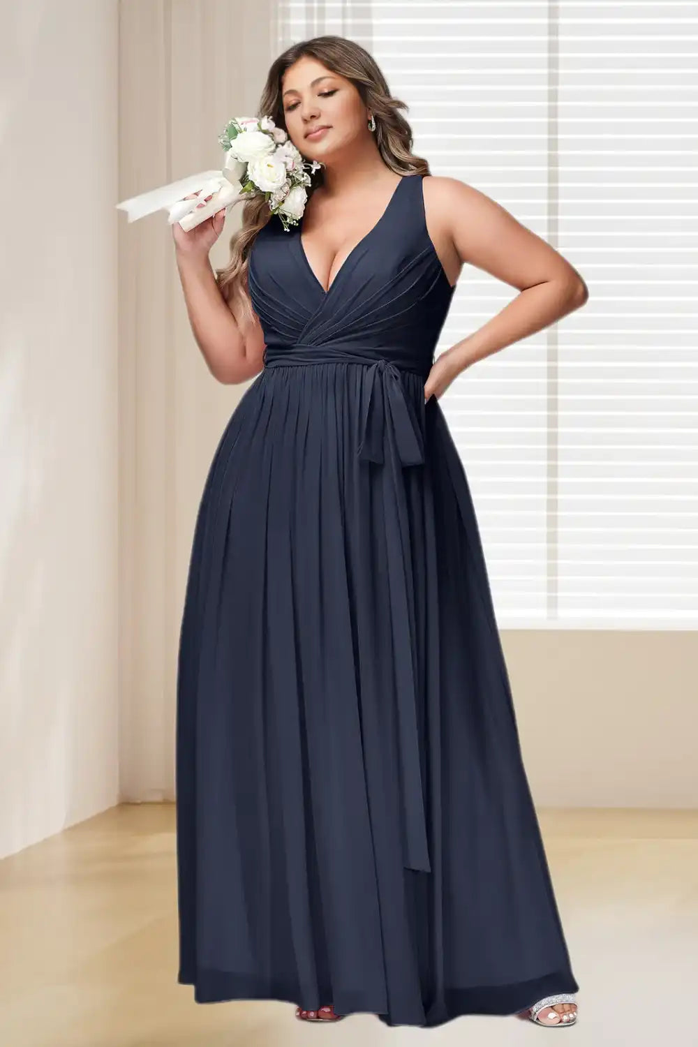 Dressime Plus Size Deep V Neck Chiffon Long Bridesmaid Dress With Sash Bow dressime