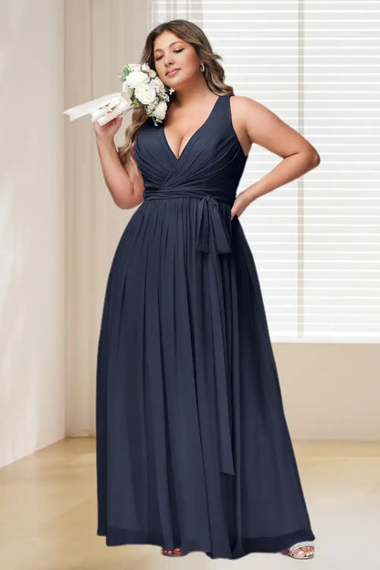 Dressime Plus Size Deep V Neck Chiffon Long Bridesmaid Dress With Sash Bow dressime