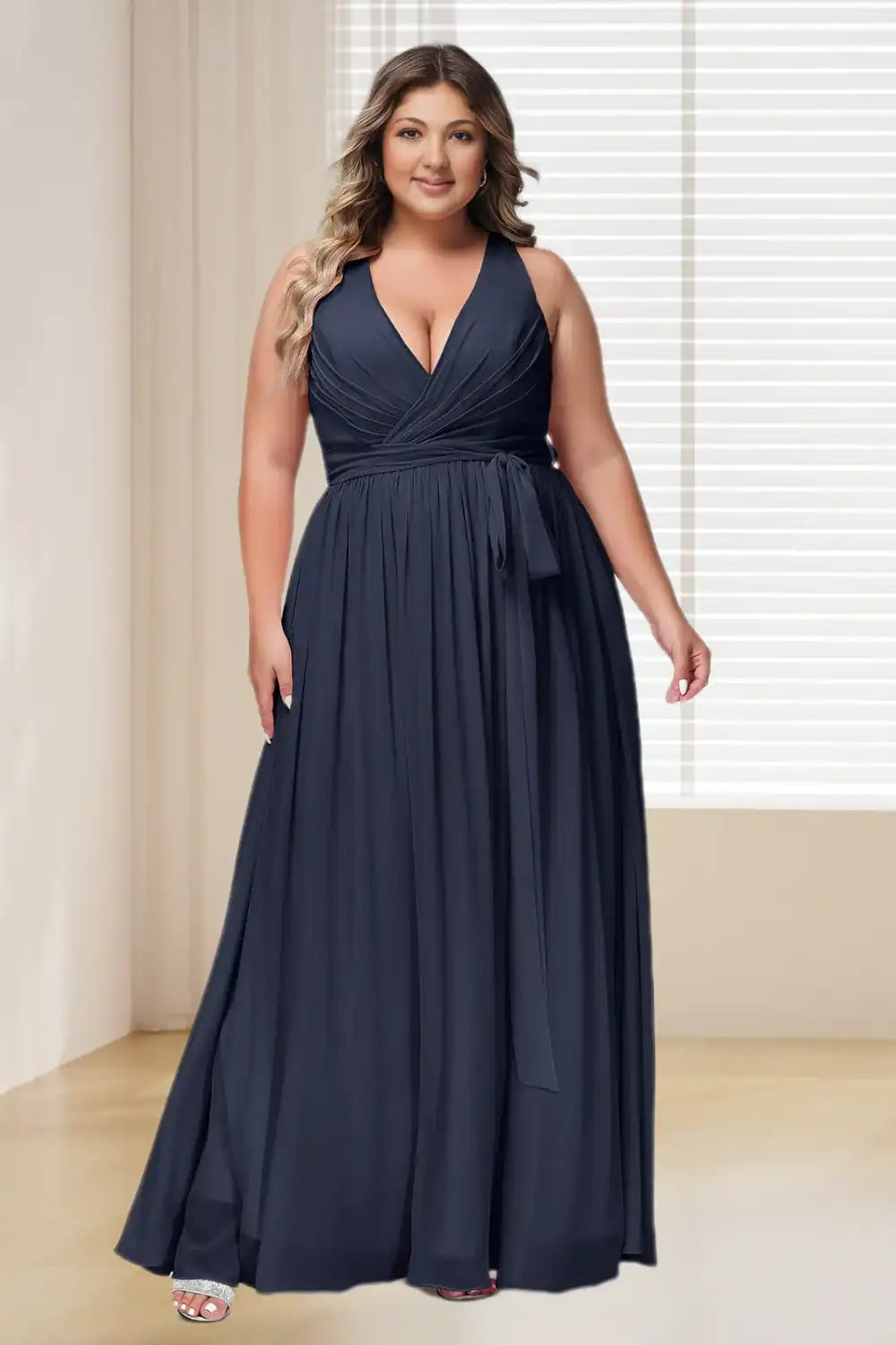 Dressime Plus Size Deep V Neck Chiffon Long Bridesmaid Dress With Sash Bow dressime