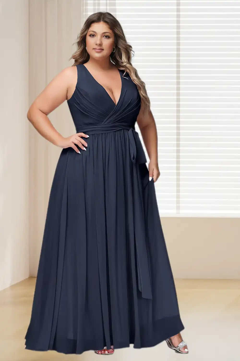 Dressime Plus Size Deep V Neck Chiffon Long Bridesmaid Dress With Sash Bow dressime