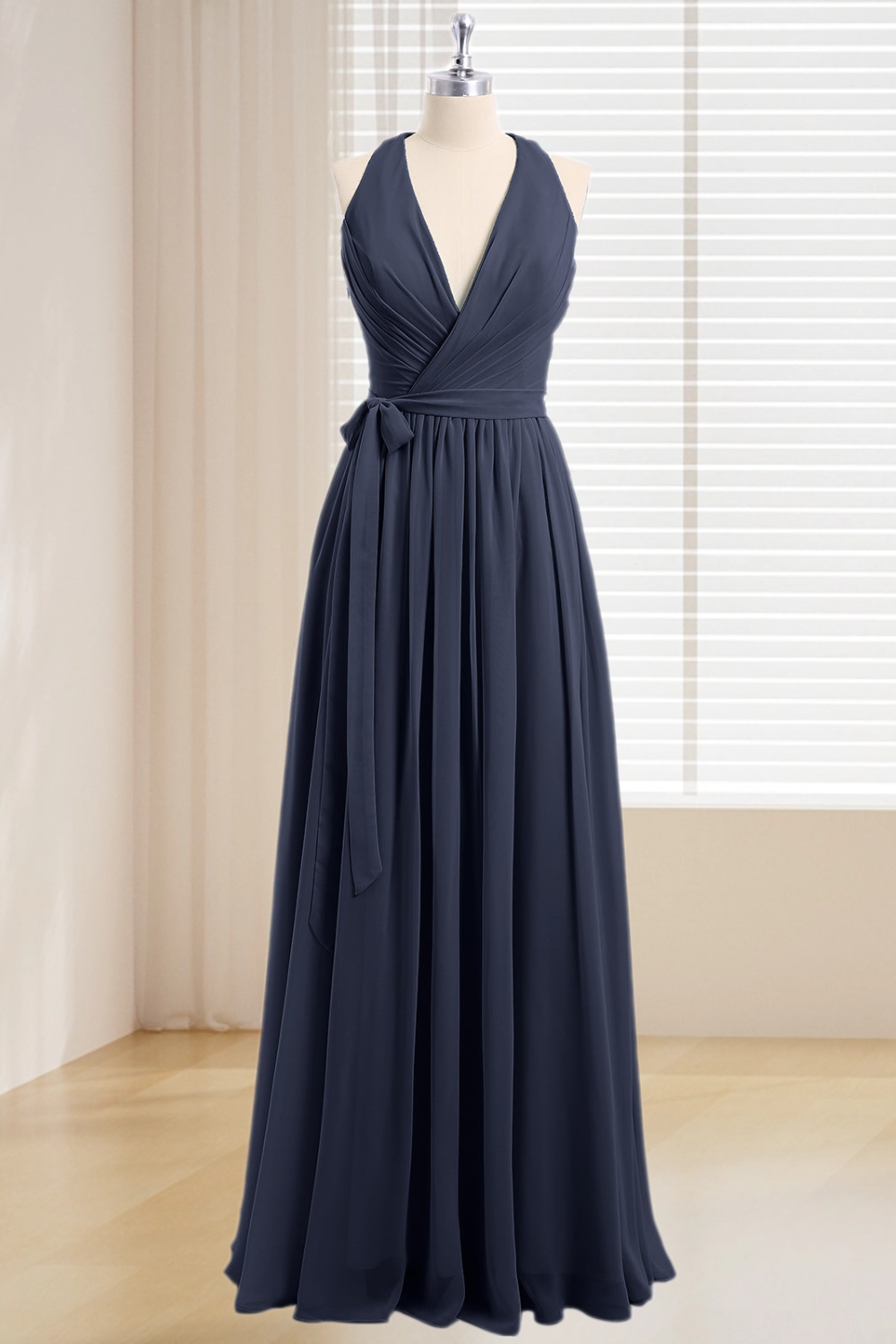 Dressime Plus Size Deep V Neck Chiffon Long Bridesmaid Dress With Sash Bow dressime