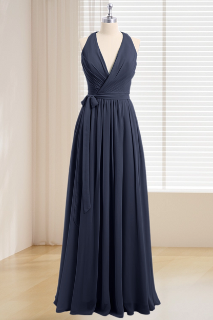 Dressime Plus Size Deep V Neck Chiffon Long Bridesmaid Dress With Sash Bow dressime