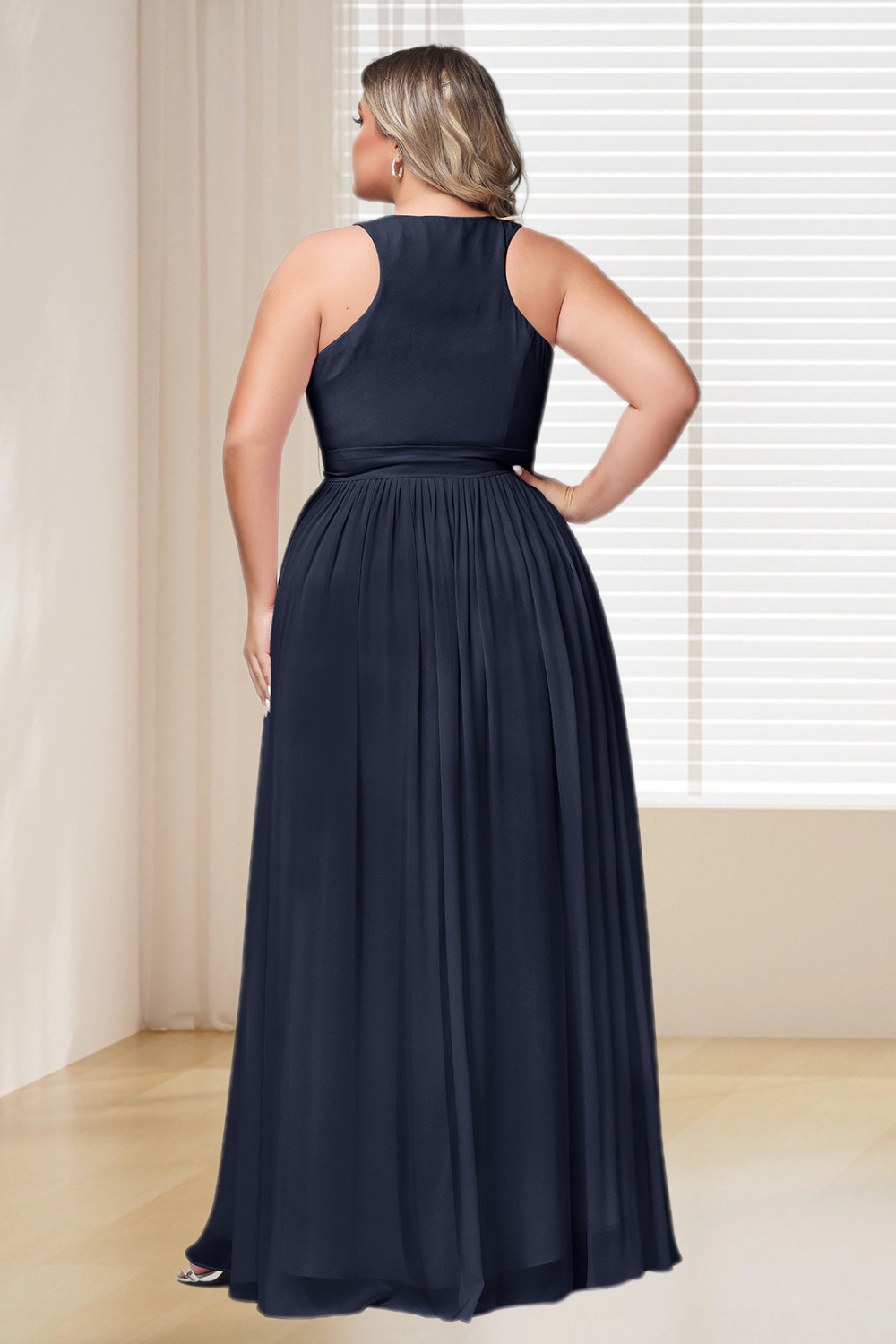 Dressime Plus Size Deep V Neck Chiffon Long Bridesmaid Dress With Sash Bow dressime