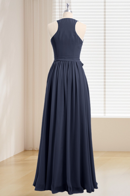 Dressime Plus Size Deep V Neck Chiffon Long Bridesmaid Dress With Sash Bow dressime