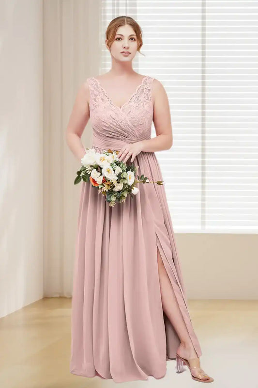 Dressime Plus Size V Neck Chiffon & Lace Bridesmaid Dress With Slit dressime