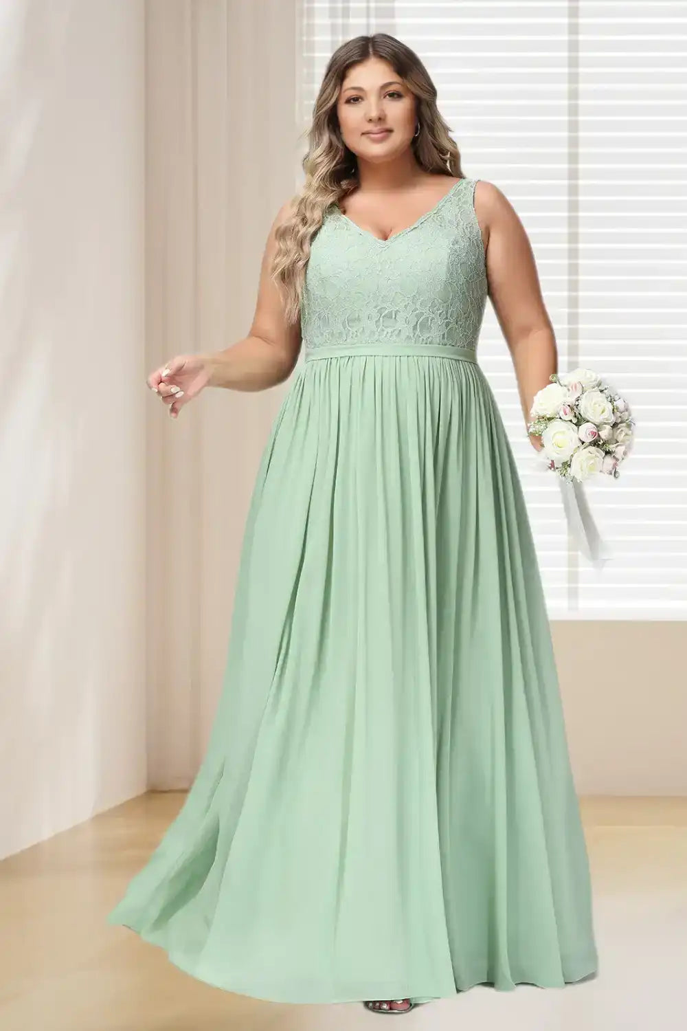 lace chiffon maxi dress Dressime Plus Size V Neck Lace & Chiffon Long Bridesmaid Dress – dressime