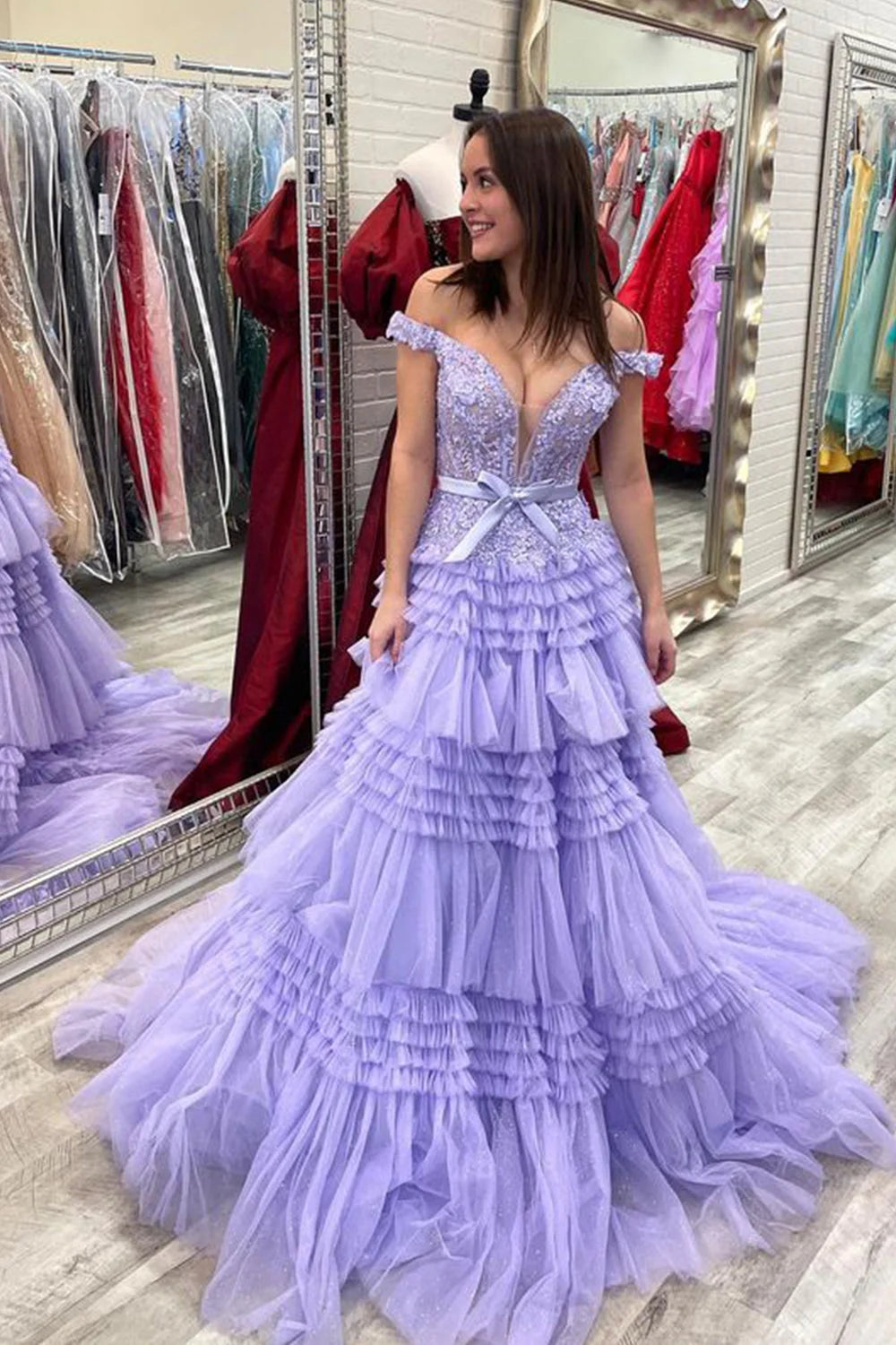 Dressime Princess A Line Off the Shoulder Tiered Long Prom Dresses wit dressime Dressime Princess A Line Off the Shoulder Tiered Long Prom Dresses wit dressime