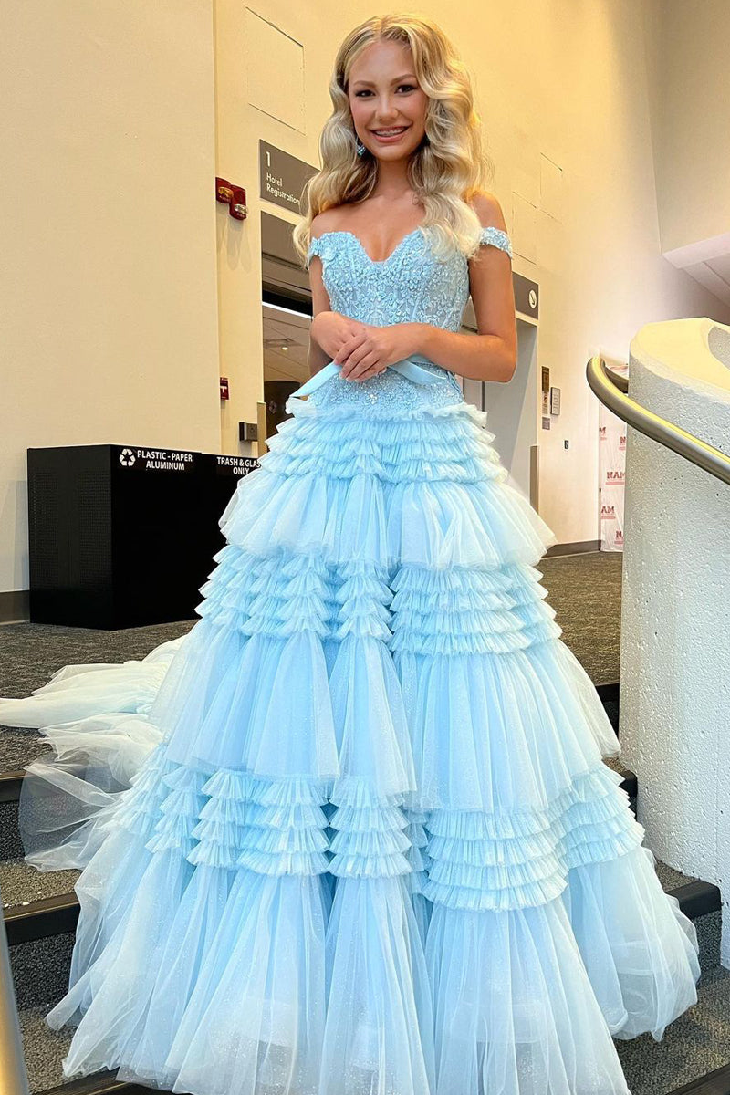 Dressime Princess A Line Off the Shoulder Tiered Long Prom Dresses wit dressime Dressime Princess A Line Off the Shoulder Tiered Long Prom Dresses wit dressime