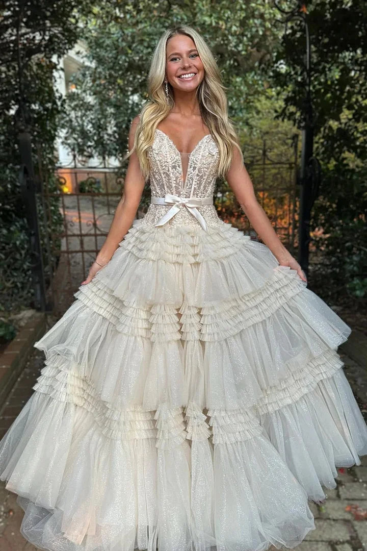 princess line dress Dressime Princess A Line Off the Shoulder Tiered Long Prom Dresses wit – dressime