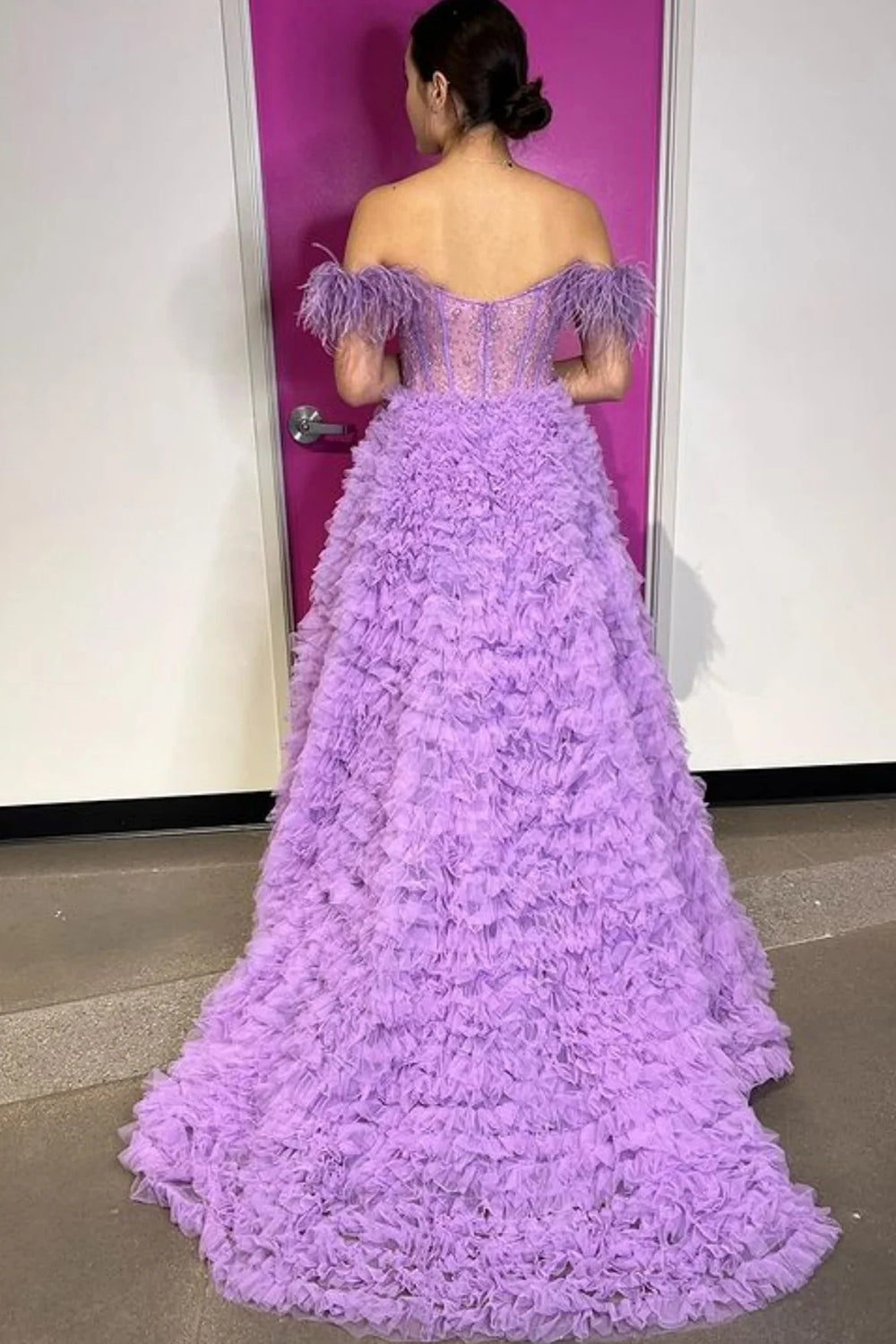 dressimePrincess A Line Off the Shoulder SlitLong Prom Dresses with Feather 