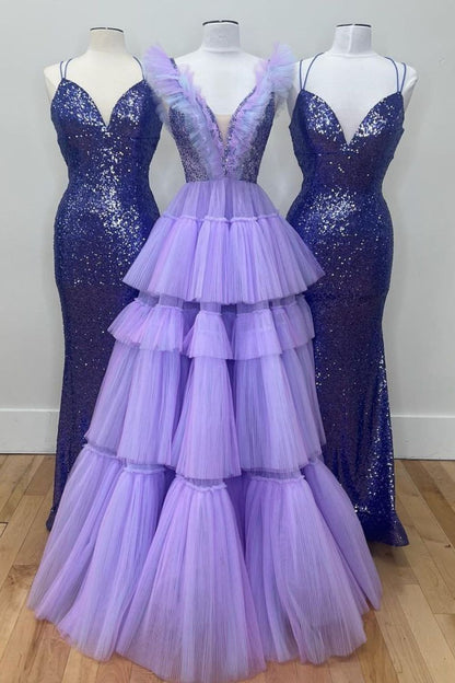 Dressime Princess A Line V neck Tiered Long Prom Dresses Ruffles dressime