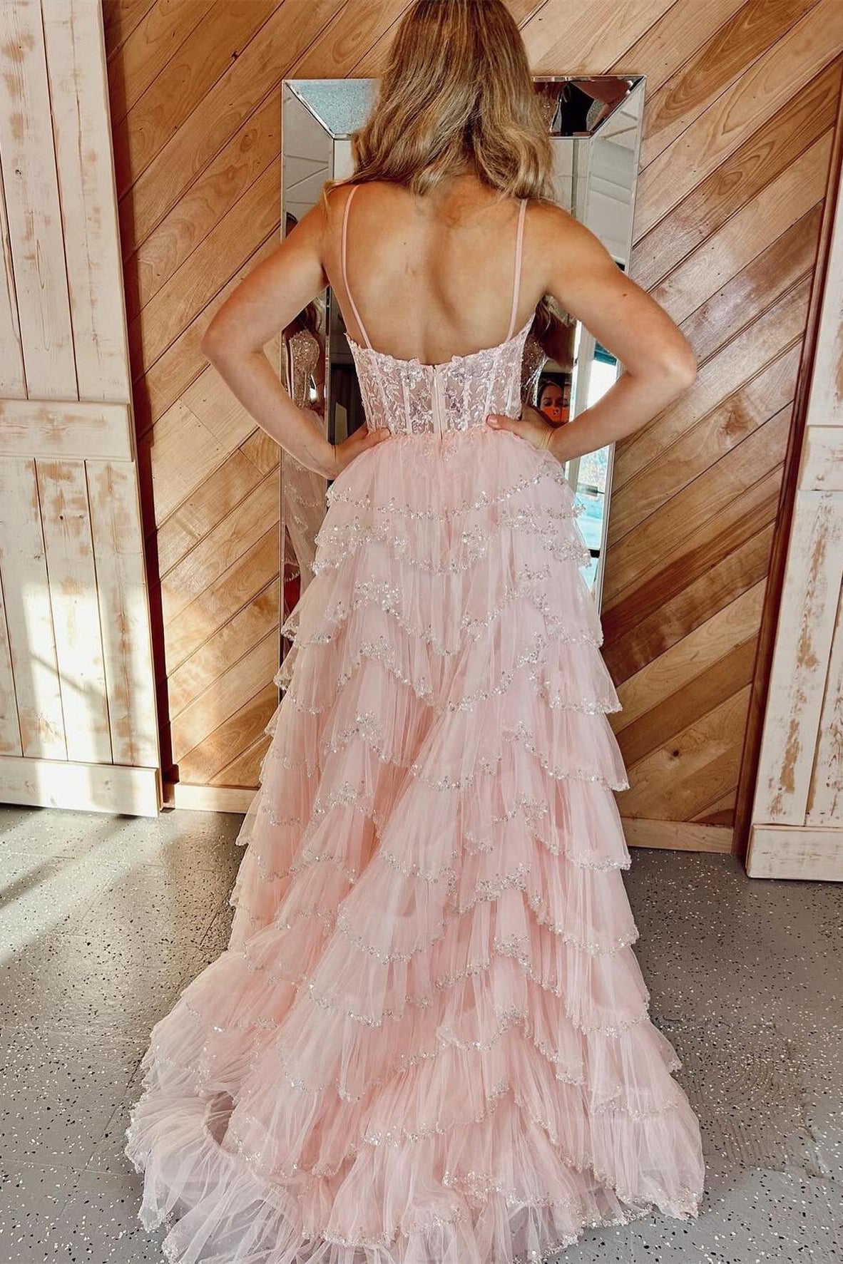 Dressime Sequin Lace Spaghetti Strap Ruffle Tiered Long Prom Dress dressime